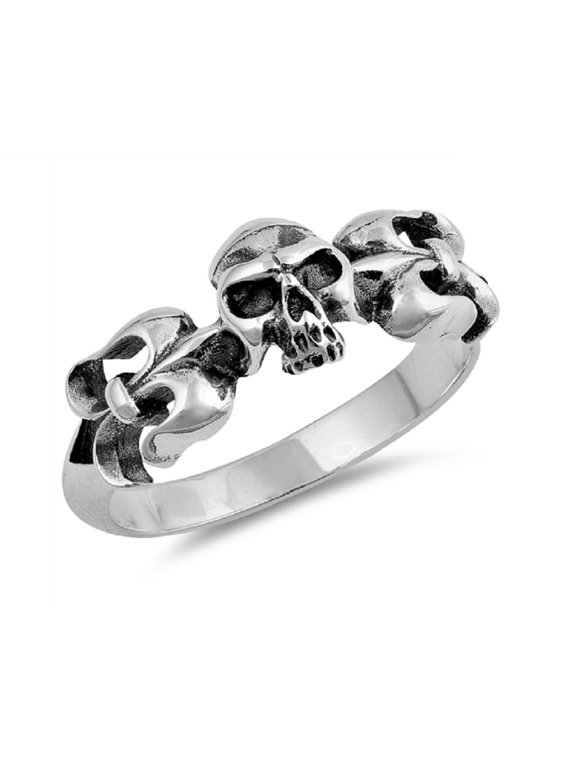 Oxidized Sterling Silver Skull With Fleur De Lis Sides Ring