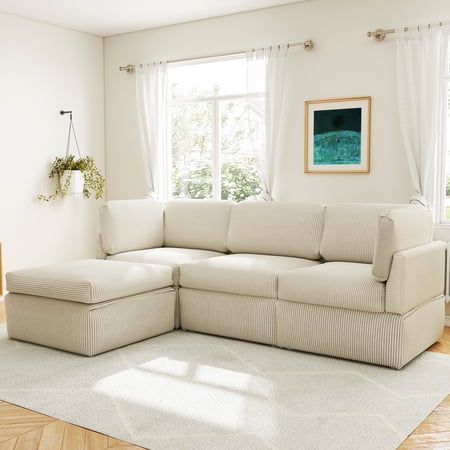 Koby Home Reversible Modular Corner Sectional Sofa Set – 4pc Couch with Ottoman, Beige for Living Room