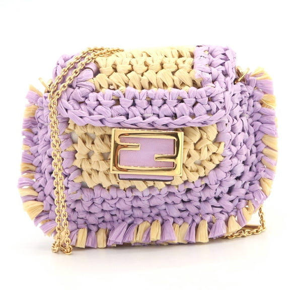 Pre-Owned Fendi Pico Bucket Shoulder Pouch in Lavender, Natural Raffia, Leather, and Metal,...