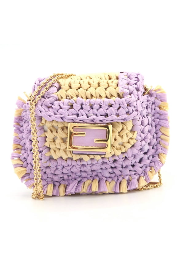 Pre-Owned Fendi Pico Bucket Shoulder Pouch in Lavender, Natural Raffia, Leather, and Metal,...