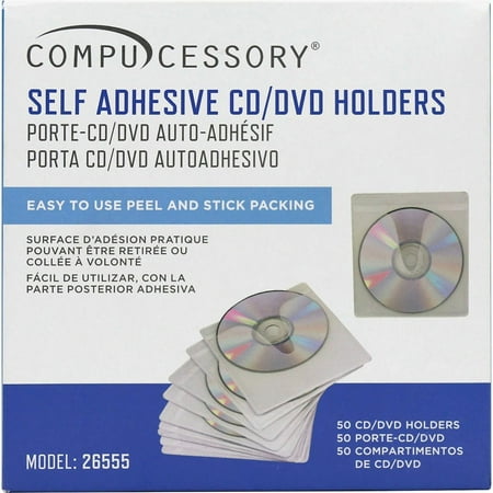 Compucessory, CCS26555, Self-Adhesive Poly CD/DVD Holders, 50 / Pack, White