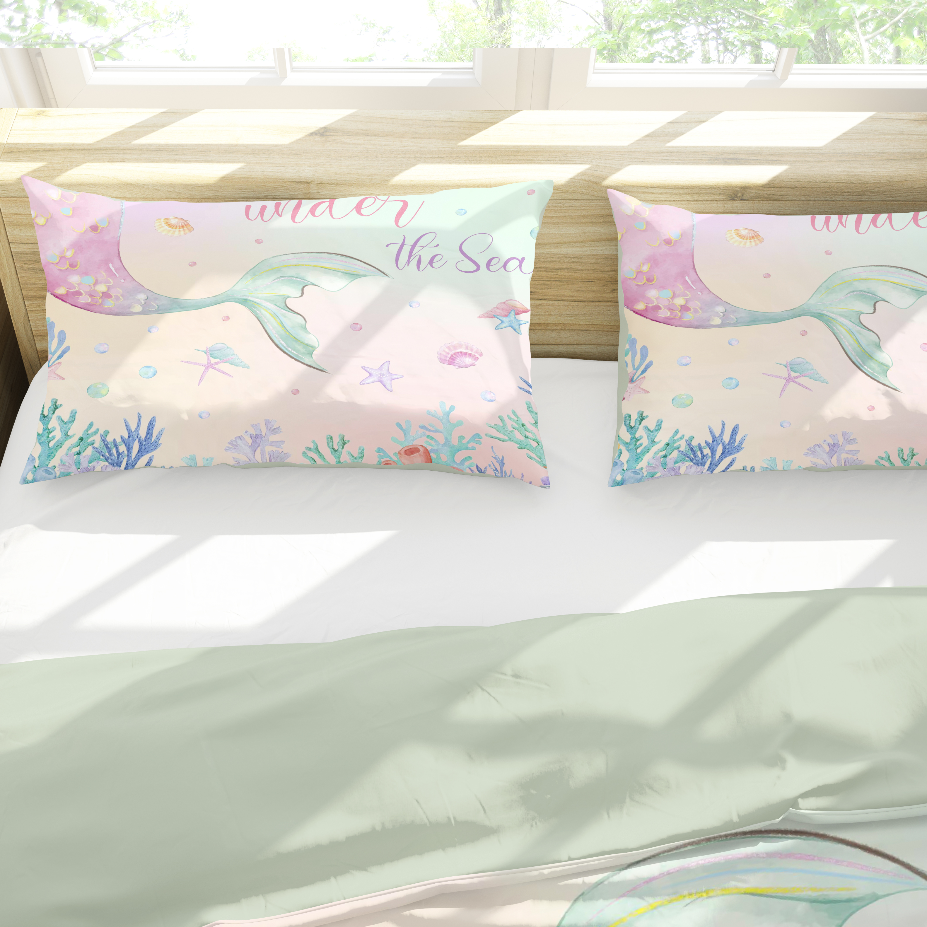 JJCOITR Cartoon Mermaid Tail Comforter Set Rainbow Twin Size Bedding Set for Kids Girls Bedroom All Season 3 Pieces