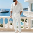 thumbnail image 3 of Aofany Men's 2 Pieces Cotton Linen Set Long Sleeve Henley Shirt and Casual Beach Pants Summer Outfits, 3 of 8