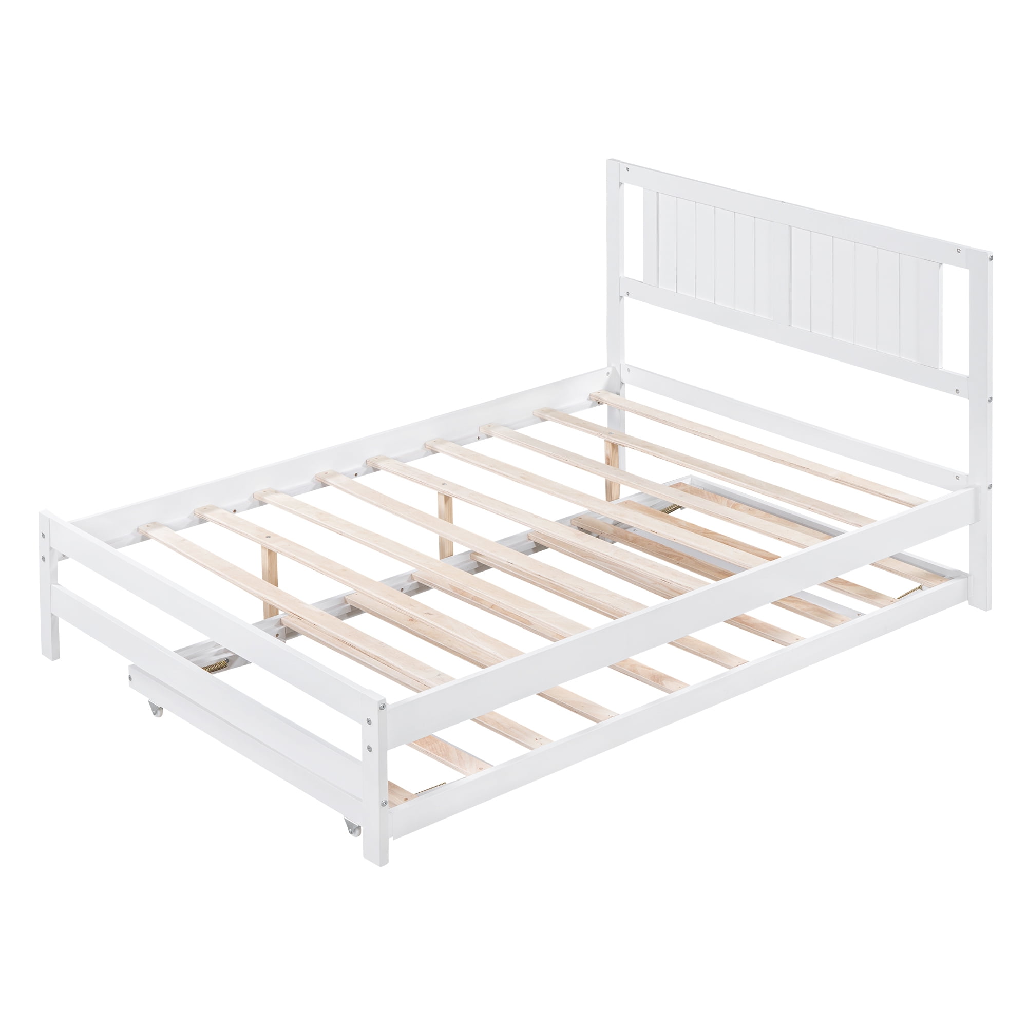 Aukfa Full Size Platform Bed with Trundle - Solid Wood Bed Frame for Kids Guests Bedroom - White