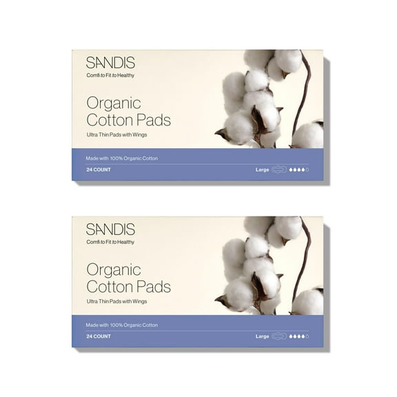 SANDIS Feminine Pad for Women - Large 48 Count 100% Organic Cotton Ultra Thin with Wings for Periods Menstrual Pads Sanitary Napkins Super Absorbency Leak Protection