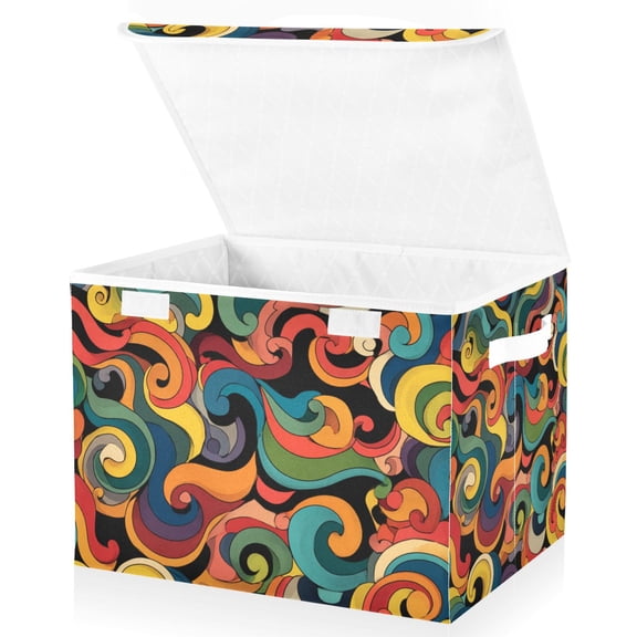 Foldable Fabric Storage Bin With Handle Collapsible Basket Box Storage With Lid Organizer Colorful Swirl