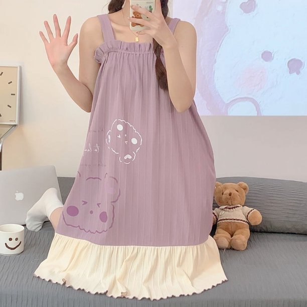 Camisones de algodón para mujer, vestido de noche de princesa con estampado de oso, pijama de una pieza sin mangas