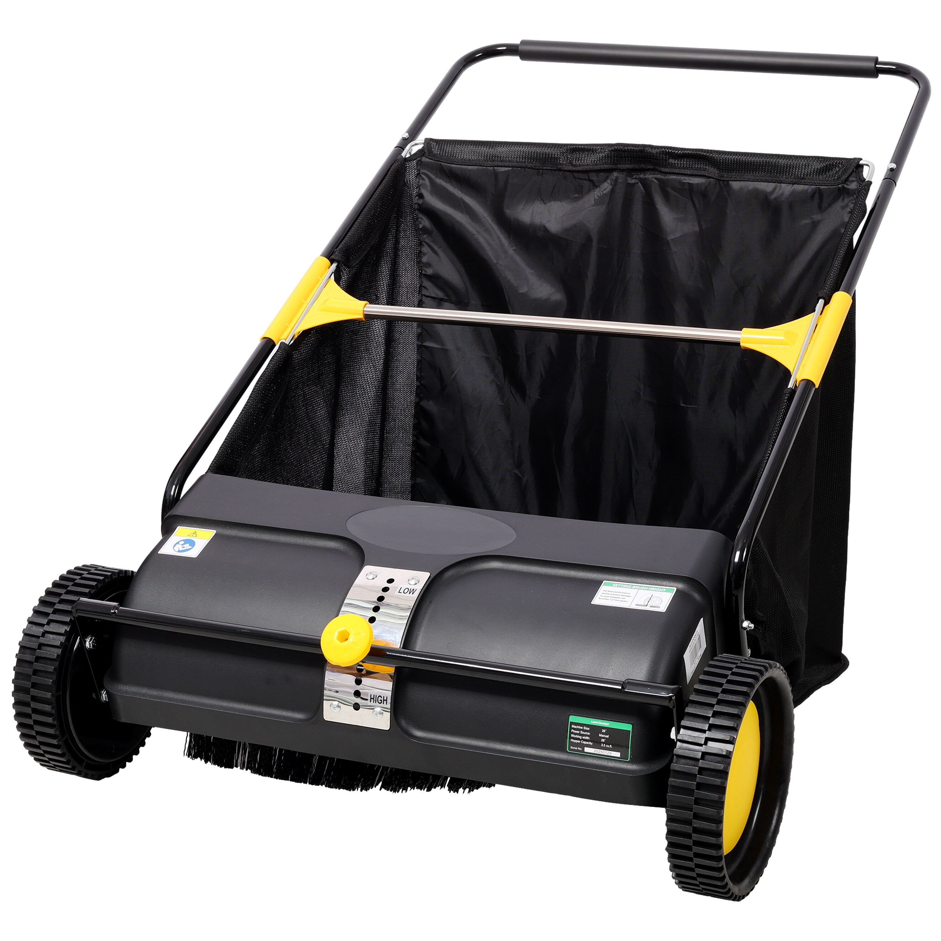 , Hand Push Lawn Sweeper, 26 Inch Leaf & Grass Collector 7 cu. ft Hopper Bag Capacity. with Adjustable Brush Height, Black ,Abs+Steel(Q235) ,