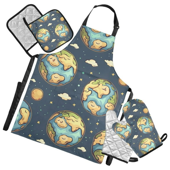 Earth Moon Star Cloud 5 Pcs Kitchen Set Heat Resistant Oven Mitts and Non-Slip Pot Holders with Adjustable Cooking Apron