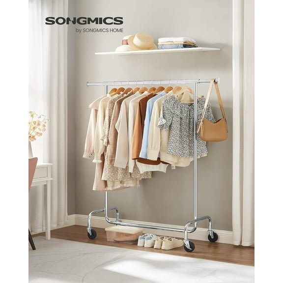 SONGMICS Burro Ropa con Ruedas, Perchero Burro Extensible, Carga Pesada, Carga de 130 kg, Fácil de Montar, Portátil, Plata