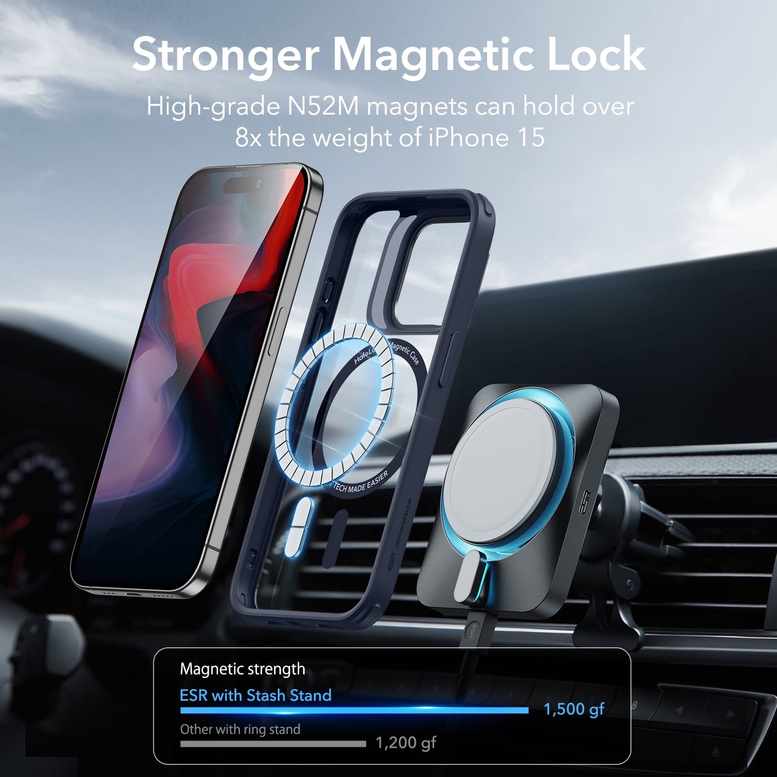 ESR Kickstand Case with HaloLock Compatible with iPhone 15 Pro Max Case, with adjustable Camera Guard, Compatible with MagSafe, Ultra-high Hardness Protection, Clear Dark Blue