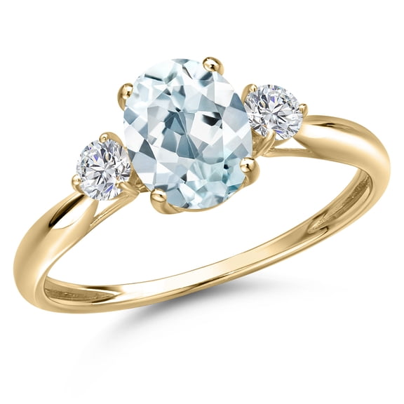 Gem Stone King 10K Yellow Gold Sky Blue Aquamarine and Lab Grown Diamond 3-Stone Ring for Women | 1.42 Cttw | Oval 8X6MM | Gemstone March Birthstone | Size 9