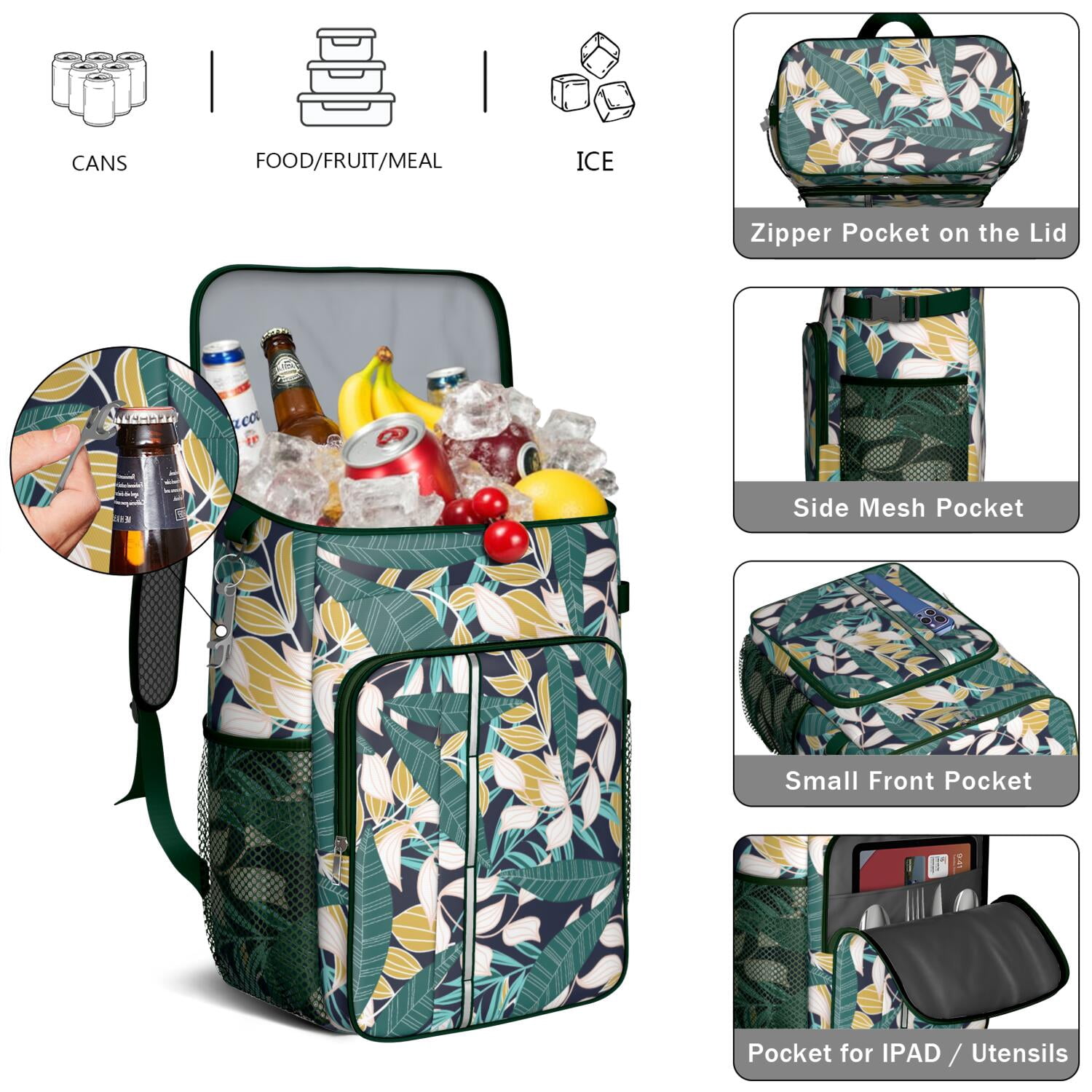 Jungle Leaves Insulated Backpack Cooler, Leak Proof Cooler 