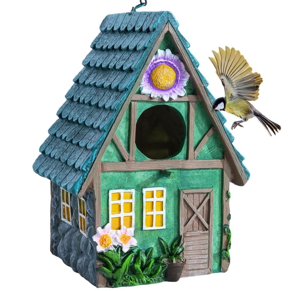 DEWEL Waterproof Bird Houses for Outside, Decorative Resin Birdhouses for Outdoors Garden Yard Decor, Hanging Bird House with Flower for Bluebird Finch Swallow Chickadee, Nesting Box for Bird Lovers