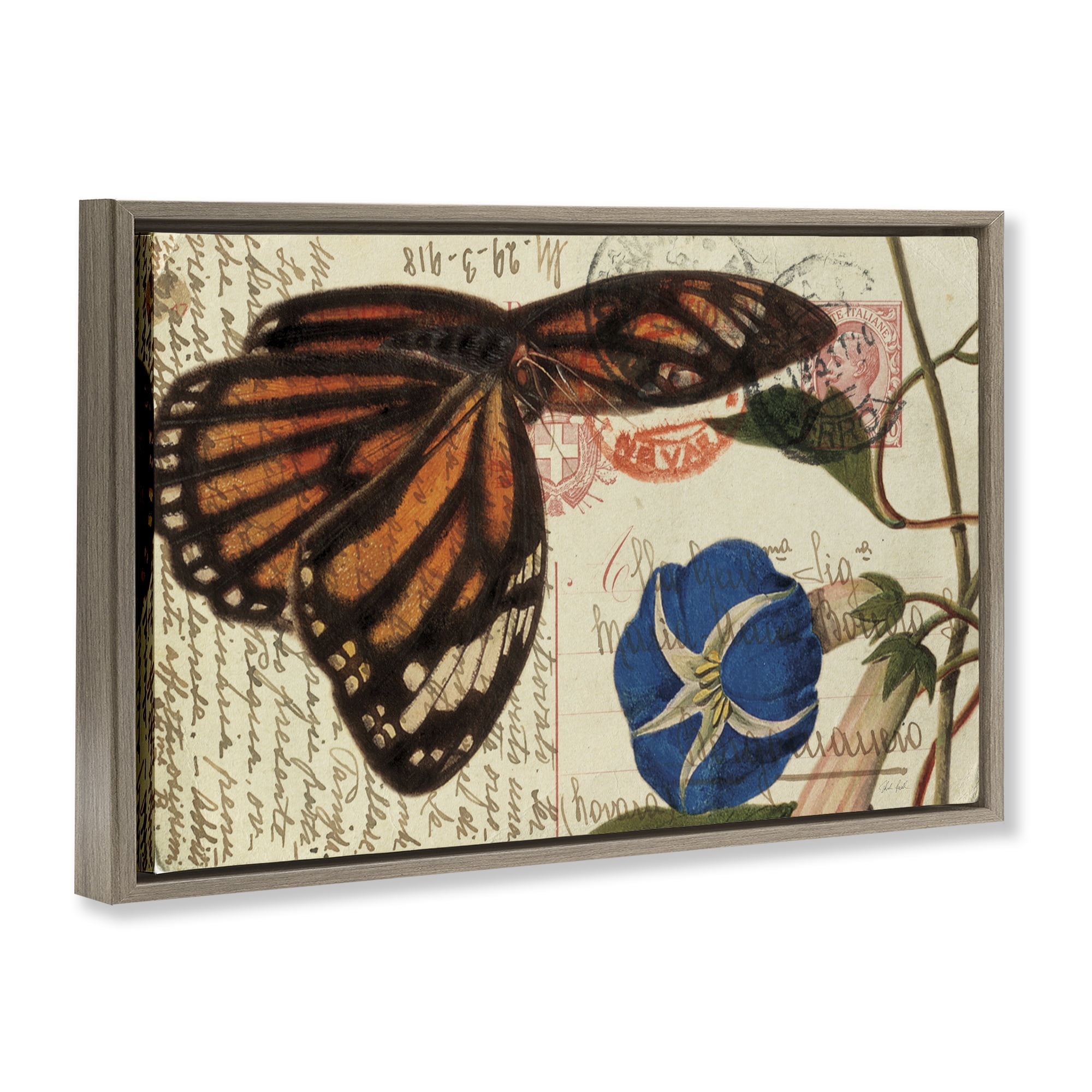 Stupell Industries Vintage Postcard & Fauna Insects Painting Brown Floater Framed Canvas Art Print Wall Art, 31 x 21