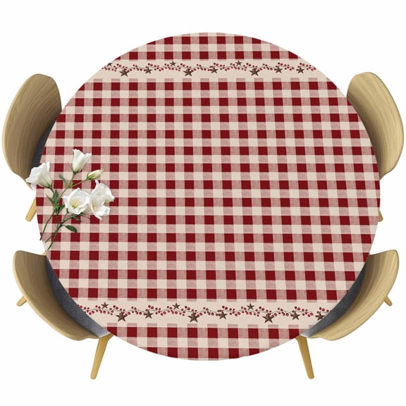 Country Star Plaid Round Tablecloth, Fitted Table Cover with Elastic for 36"-44" Round Tables, Retro Red American Farm Barn Berry Table Cloth Outdoor Indoor Dinning Party Waterproof Tablecloths