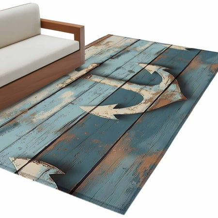Nautical Anchor Area Rug 3x5ft Vintage Style Non-Slip Washable Square Rugs Soft Felt Indoor Floor Mat for Bedroom Kitchen Living Room Bathroom