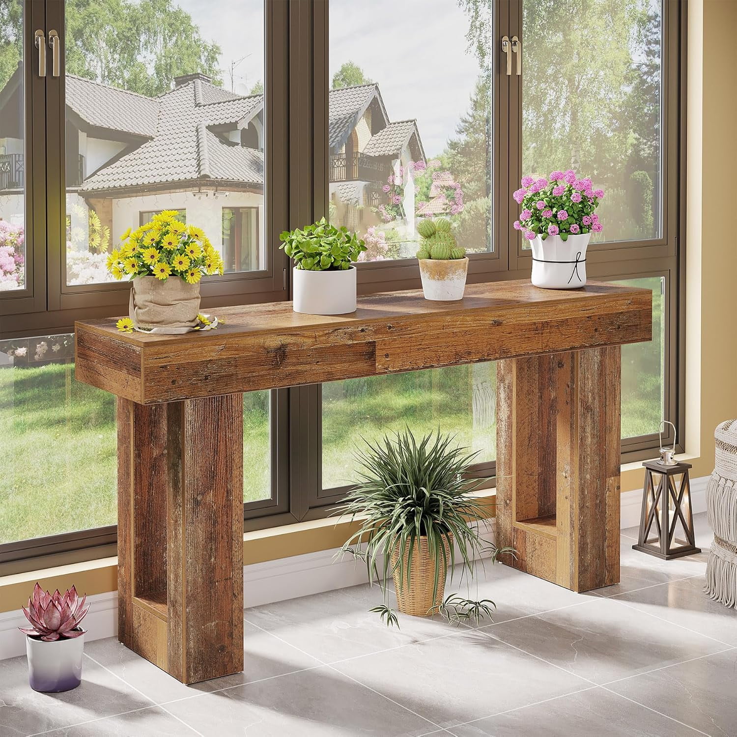 Tribesigns 63-Inch Farmhouse Console Table, Wooden Sofa Table Behind The Couch, Rectangular Entryway Table for Entrance, Hallway, Living Room (Mix Brown)