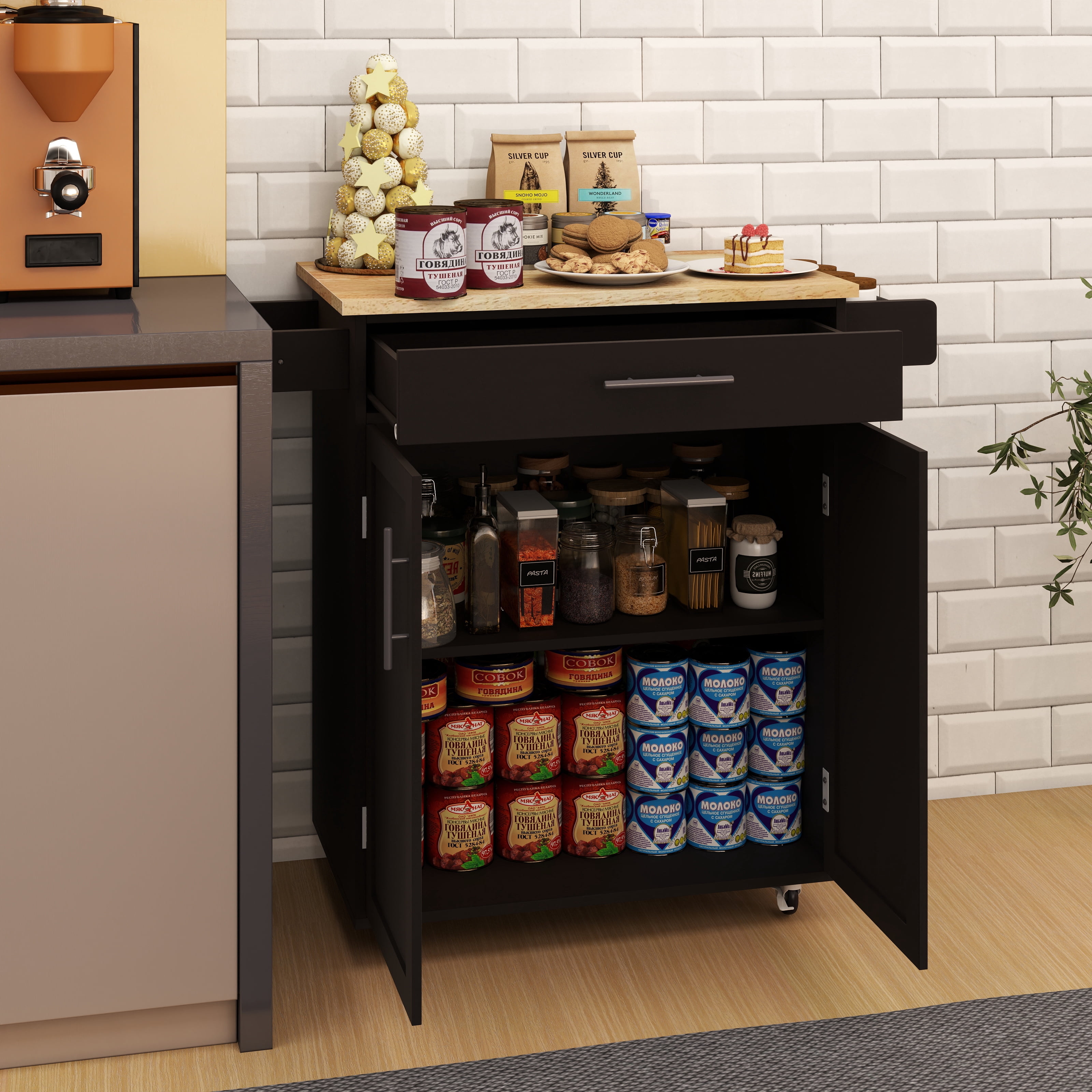 Kitchen Cart Rolling Kitchen Island with 1 Drawer, 2 Doors, Adjustable Shelves, Towel Rack and Seasoning Rack, Versatile Black Kitchen Island for Storage & Home Decor