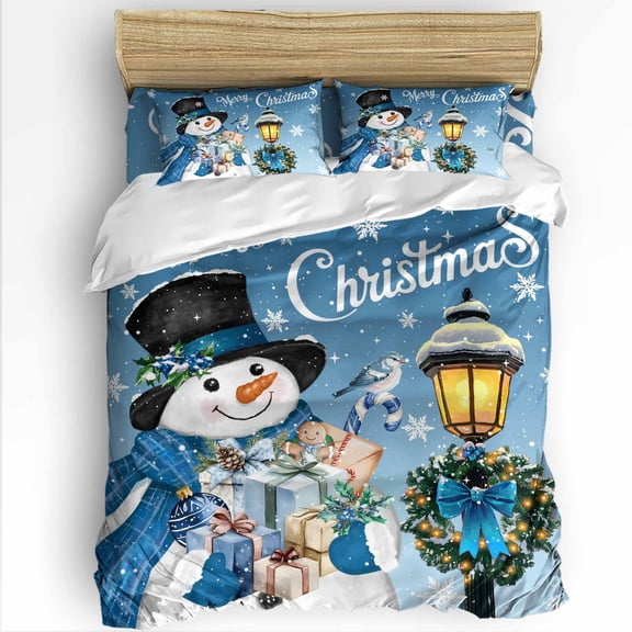 Blue Snowman King Size Comforter Set, Christmas Winter Wreath Snowflake Xmas Soft Bedding for All Seasons, 4 Pcs Bed Set with 1Comforter (90"x106") ,1 Sheet(94"x116"), 2 Pillowcases (19"x35")