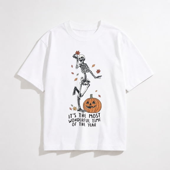 Women's Skeleton and Pumpkin Halloween Graphic T-Shirt, Spooky Short Sleeve Tee