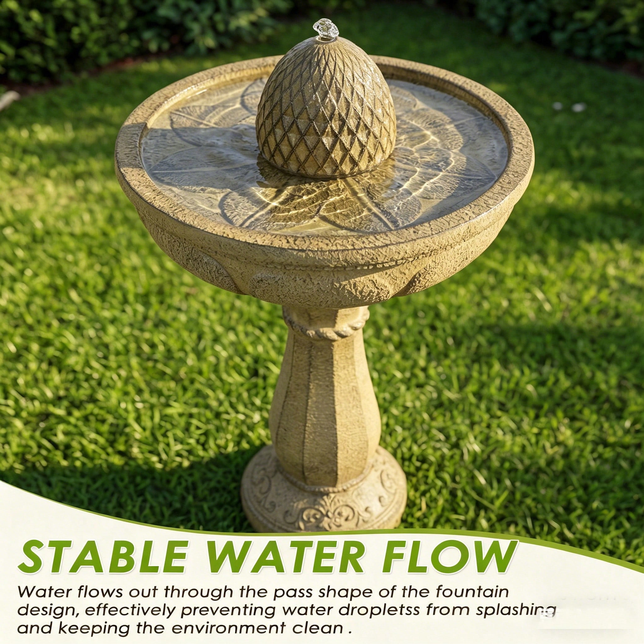 33.3 Inch Classic Pineapple Top Pedestal Water Fountain, 2 Tier Resin Waterfall Feature, Auto Shutoff Protection, Stable Anti-Splash Water Flow for Yard Lawn Patio Garden Decor