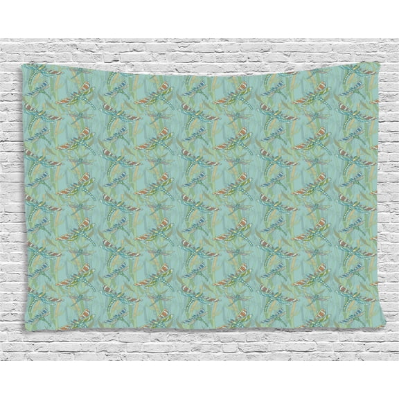 Dragonfly Tapestry, Vintage Art Picture of Abstract Figures Flying among Bamboo Trees on the Lake, Wall Hanging for Bedroom Living Room Dorm Decor, 60W X 40L Inches, Multicolor, by Ambesonne