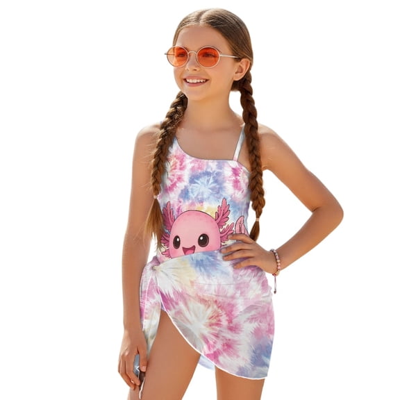POLERO Cute Cartoon Axolotl Tie-Dye One-Piece Swimsuit Set - Mesh Cover Up Skirt for Girls 7-18 - Quick Dry, Padded, Beach Vacation Essential
