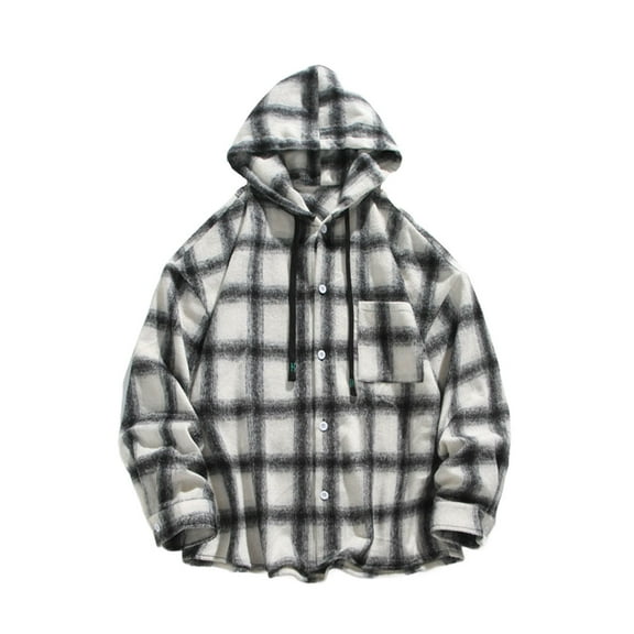 Men's Hoodies Plaid Shirts Thick Long Sleeve Button Down Loose Drawstring Casual Jackets Cardigan With Pockets (XL, White)