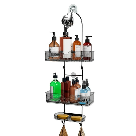 Shower Caddy over Shower Head Anti-Swing Shower Organizer Hanging Rustproof Steel Shower Shelves Rack No Drilling Easy Install Bath ,Black