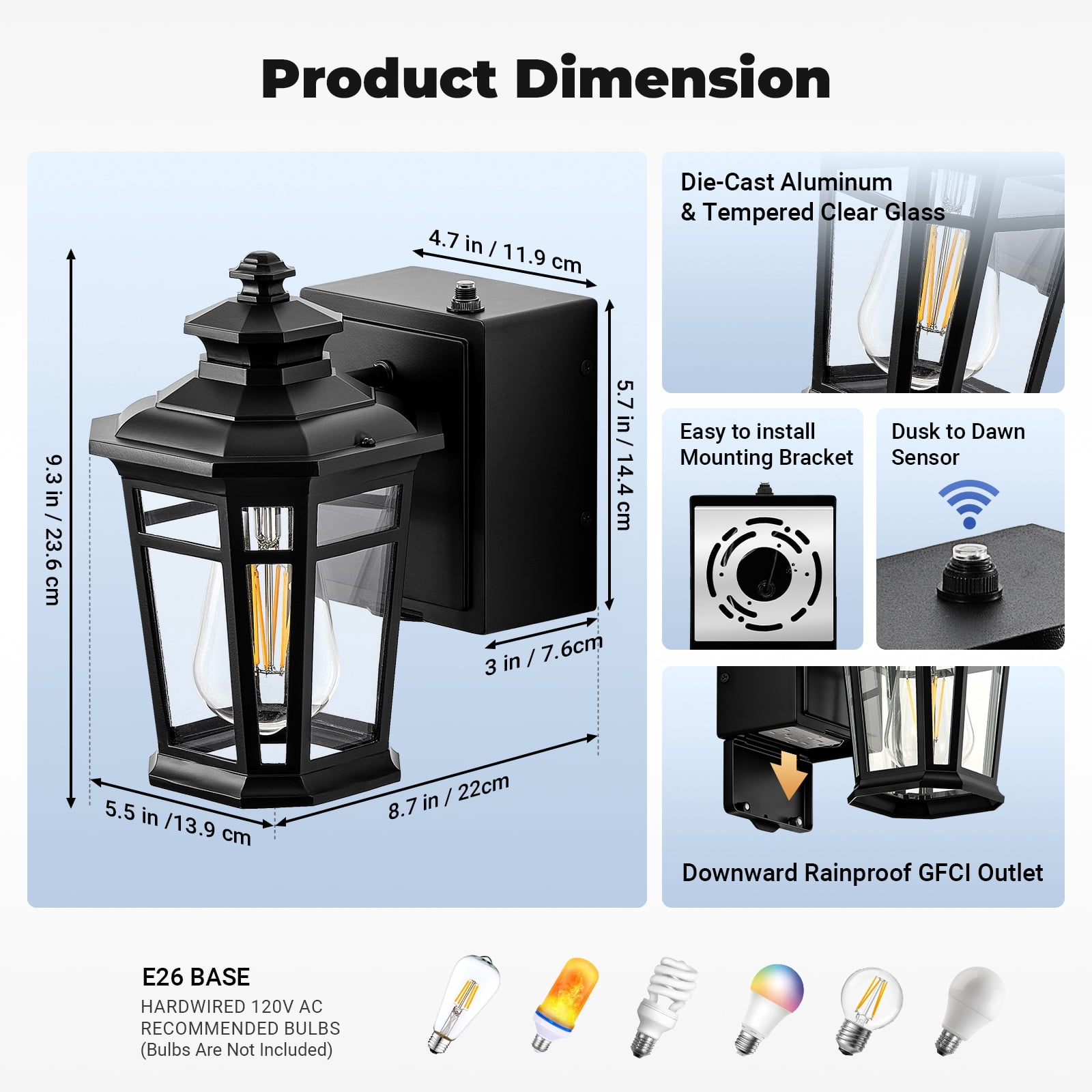 Gleamz Black Dusk to Dawn Outdoor Lighting with GFCI Outlet, Waterproof Anti-rust Exterior Light Fixtures with Outlet, 9" Outside Lights for House, Proch, Patio