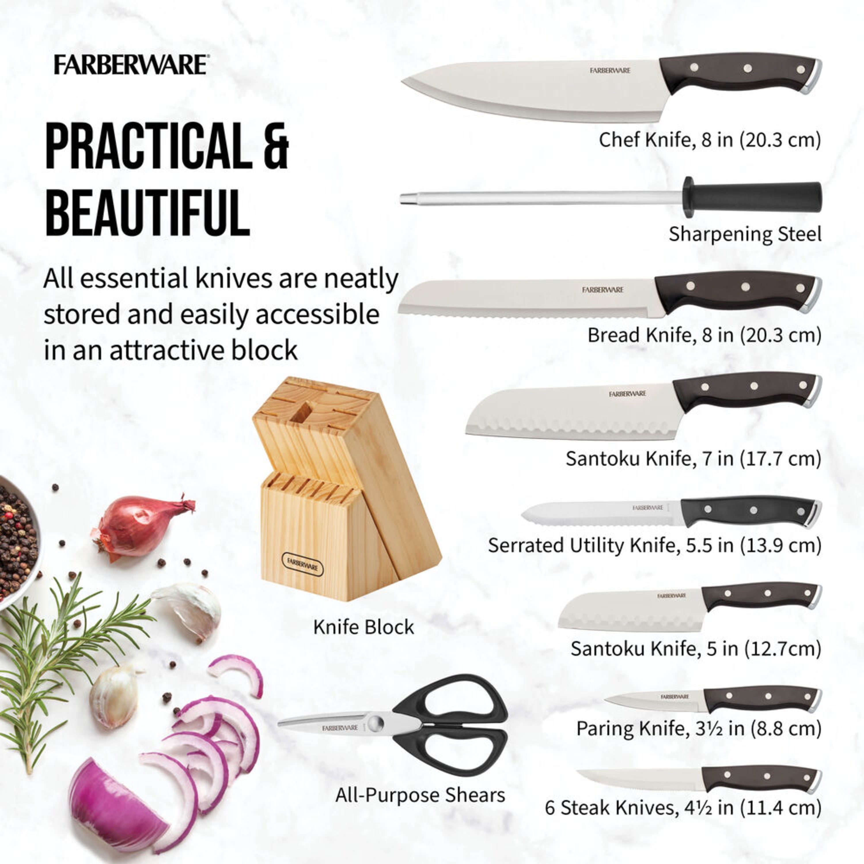 Farberware Classic Stainless Steel 6 Piece Full Tang Tripe-Riveted Knife  Prep Set with Black Handles