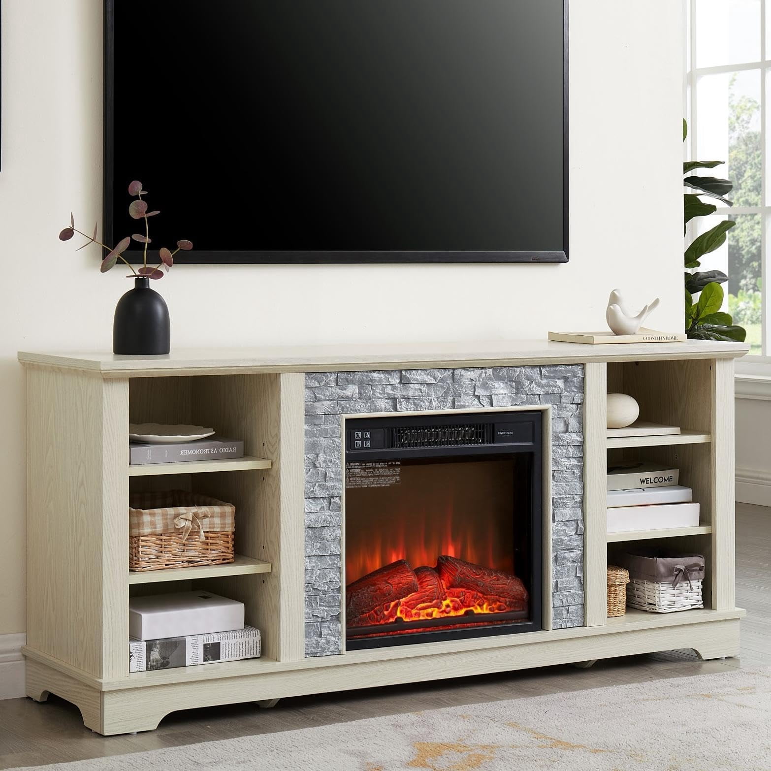 Eyisean 58" W Wooden Entertainment Center with Fireplace, Faux Stacked Stone Surround, TV Stand with 18'' Electric Fireplace, TV Console Table for Living Room
