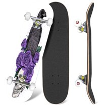 31'' Complete Skateboard 7 Layer Canadian Maple Double Kick Deck Skateboards Raven skull purple roses hand drawn Tattoo vintage print Skull hand Skate Board for Beginner Adult Gifts