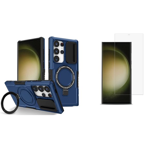 Guardian Series Wireless Charging Case with Tempered Glass Screen Protector for Samsung Galaxy S24 Ultra - Navy Blue