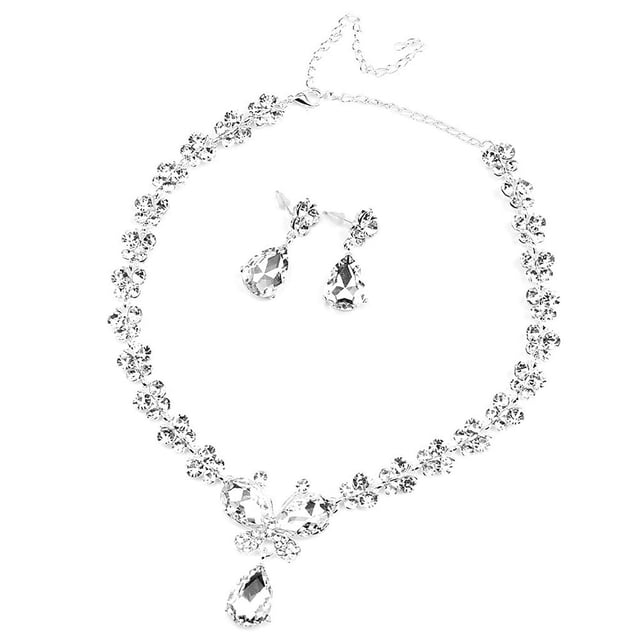 KAKOWELY Wedding Bridal Style Crystal Rhinestone Necklace Earrings Set (Sliver),16.14"X1.65"X0.2"