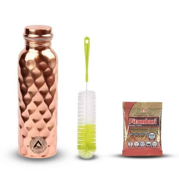 Set of 2 Diamond Pure Copper Water Bottle 950 ml, Cleaning Brush and Pitambari For Ayurveda Health Benefits