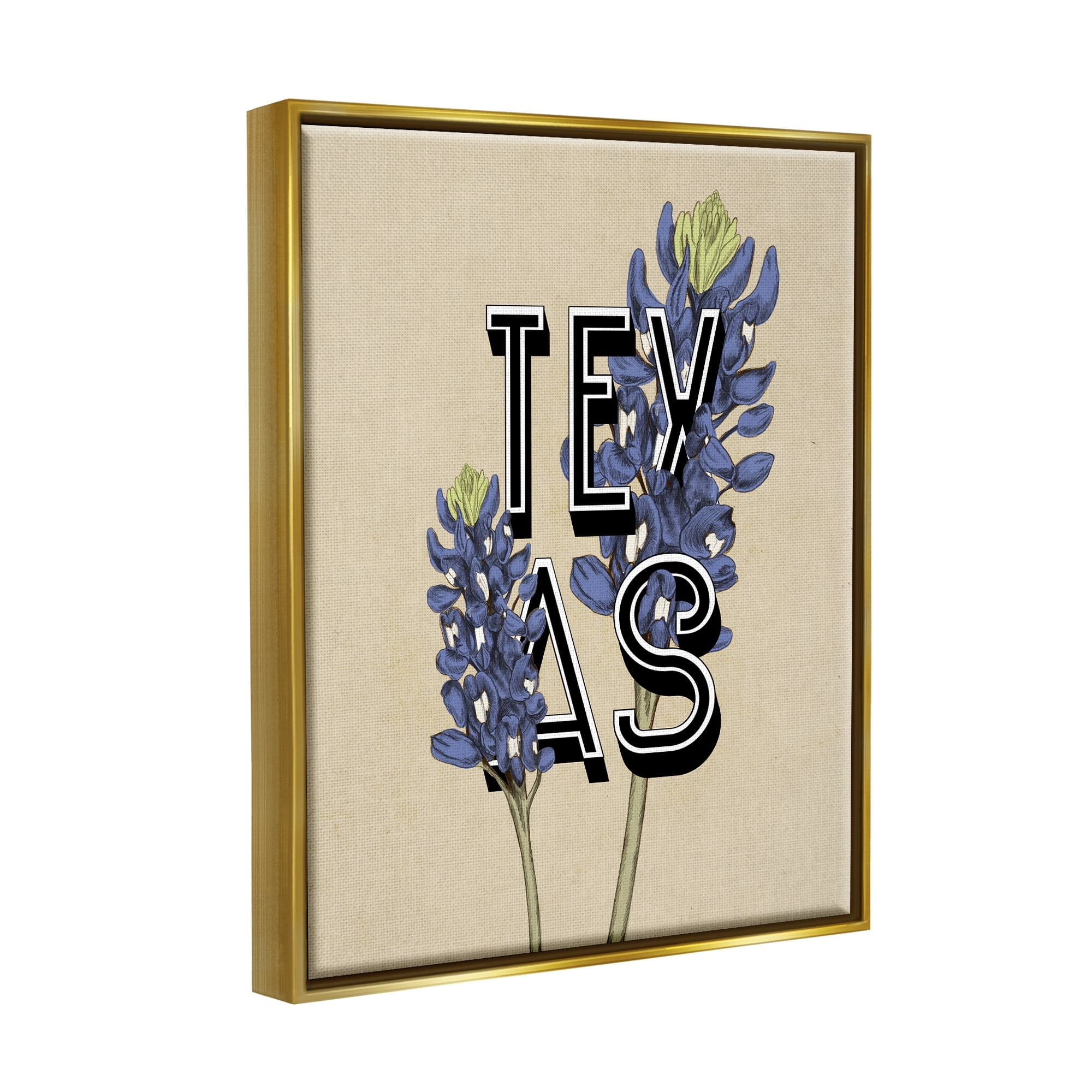 Stupell Industries Texas State Flower Bluebonnet Plant Sprigs Typography Graphic Art Metallic Gold Floating Framed Canvas Print Wall Art, Design by Daphne Polselli