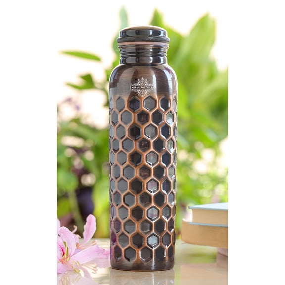 Indian Art Villa Handcrafted Copper Bottle with Antique Dark Honeycomb Design, Brown, Drinkware 30.4 oz