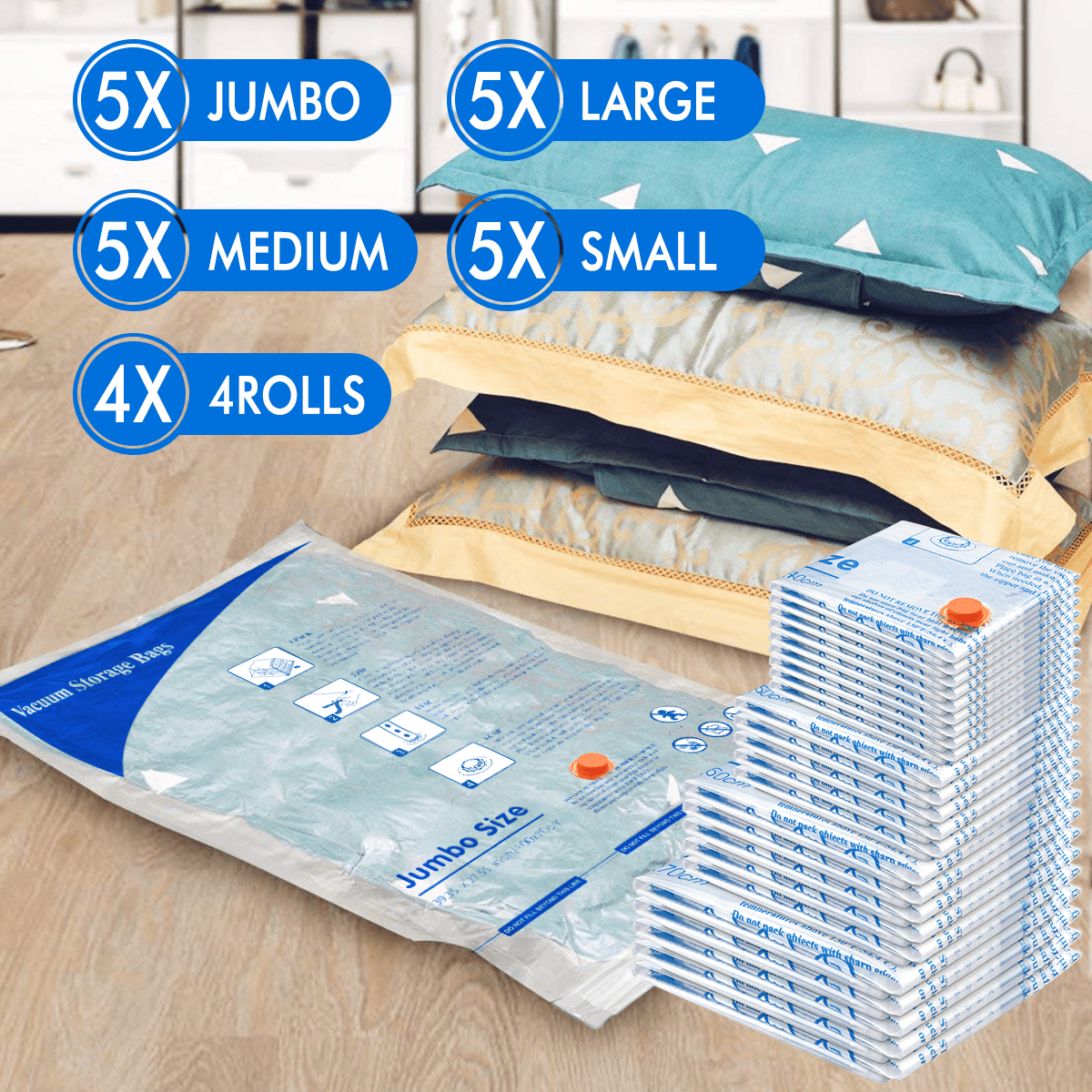Tooloton Vacuum Storage Bags with Electric Pump, 24 Pack, Includes Jumbo, Large, Medium, Small, Roll-Up Bags