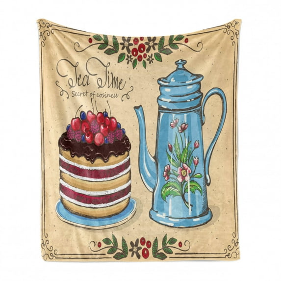 Tea Soft Flannel Fleece Throw Blanket, Tea Time Secret of Cosiness Words with Berry Cake and Pot Brunch Theme Vintage Style, Cozy Plush for Indoor and Outdoor Use, 70" x 90", Multicolor, by Ambesonne