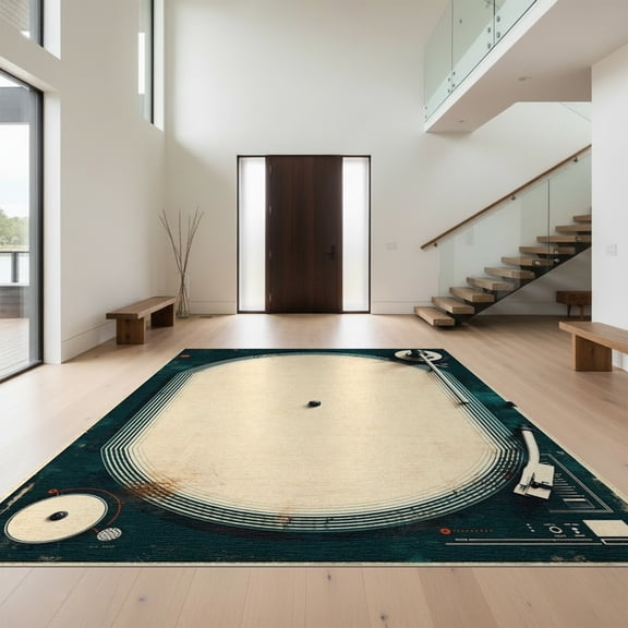Design&I 8'x10' Washable Area Rug Vintage Record Player Turntable Distressed Nostalgic Aesthetic for King Size Bedroom, Under Bed, Sleek Flatweave Pet Friendly