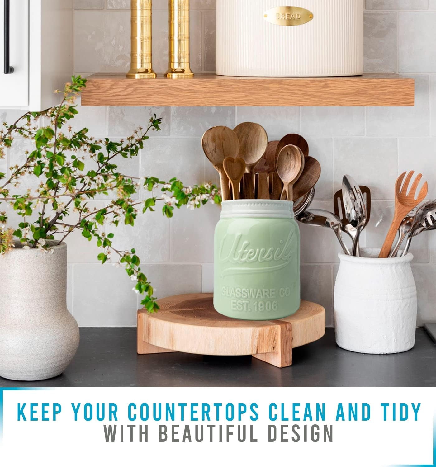 Comfify Ceramic Mason Jar Utensil Holder, Farmhouse Kitchen Countertop Organizer for Spoons, Spatulas & Cooking Tools, Decorative Green