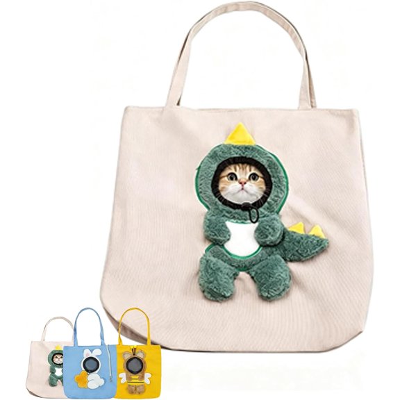 Cartoon Dinosaur Pet Tote Carrier Bag, Canvas Shoulder Cat Carrier with Head‑Out Window, Breathable Portable Pet Travel Bag for Small Cats & Puppies, Holds Up to 17.6 lbs