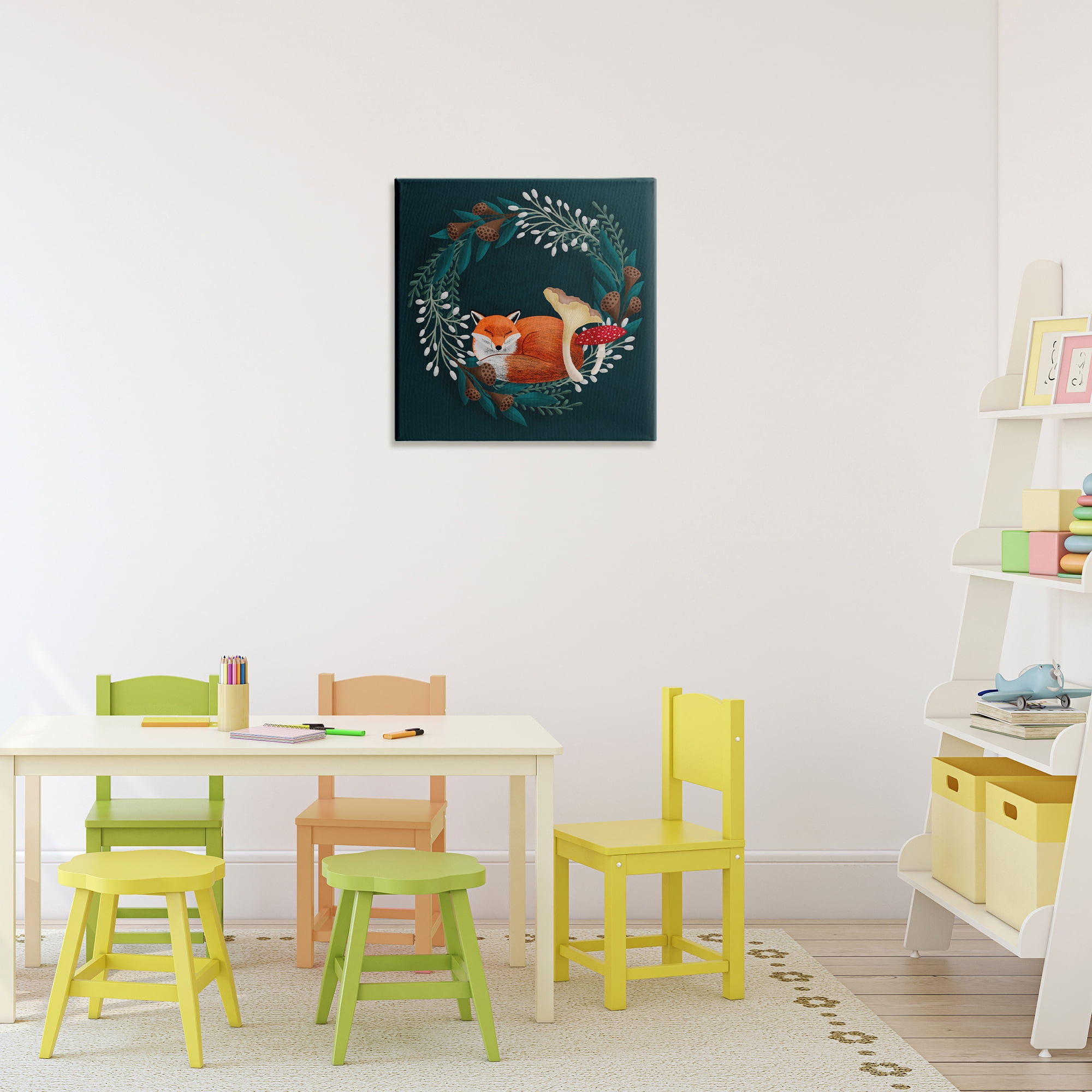 Sleepy Fox in Botanical Wreath Canvas Wall Art, design by Metka Hiti