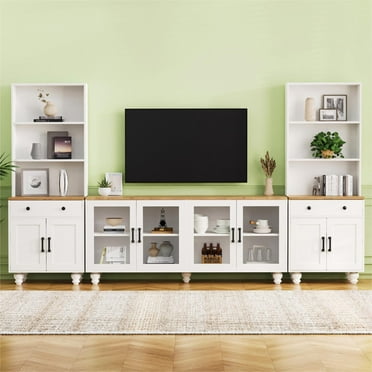 Farmhouse TV Stand with Solid Wood Gourd-Shaped Legs for TVs Up to 70", With Bookshelves & Tempered Glass Doors, With Adjustable Shelves,For living Room, White