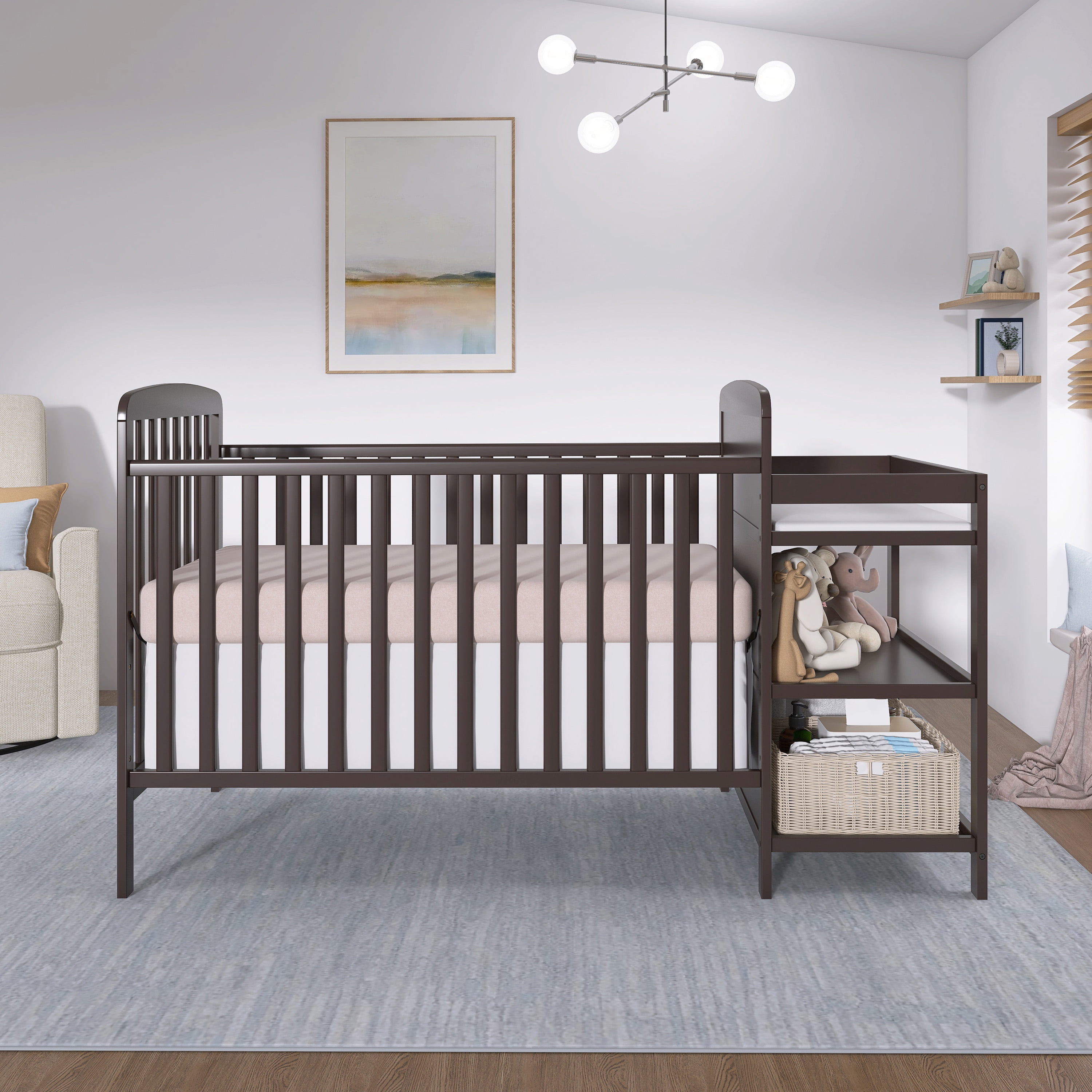 Dream On Me Anna 3-in-1 Convertible Crib with Changing Table Chocolate, Changing Pad Included Converts from Baby Crib to Toddler Bed, Day Bed and Kids Sofa, Three Adjustable Mattress Height Positions