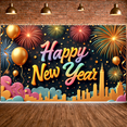 thumbnail image 5 of colorful letters Happy New Year Banner gold balloons Festive Backdrop fireworks city skyline New Year Display for New Year Party Indoor Decoration Holiday Celebration, 5 of 9