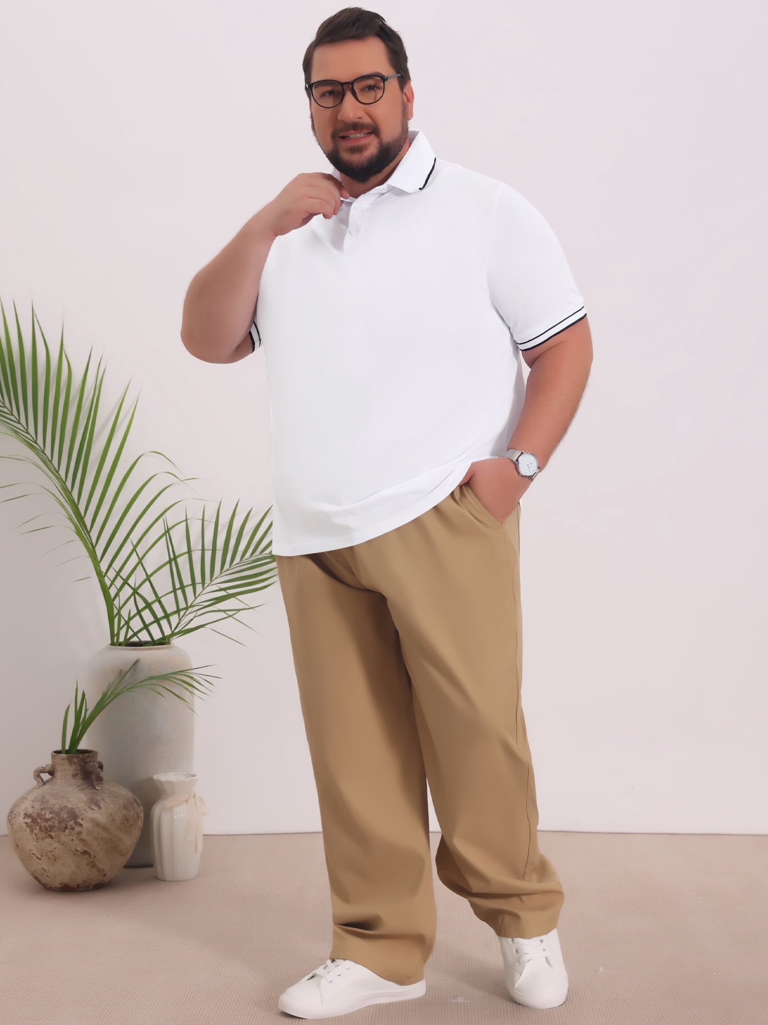DARING DIVA Men's Big Tall Contrast Trim Short Sleeve Work Office Golf Shirts 5XL White