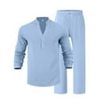 thumbnail image 6 of RYDCOT Men 2 Piece Beach Vacation Outfit Pants Set Summer Casual Fashion Linen Button up Stand Collar Long Sleeve Shirt Long Pants Set Light Blue, 6 of 9